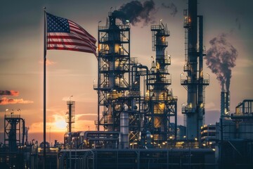 Industrial Refinery with American Flag at Sunset Emitting Smoke in a Serene Atmosphere