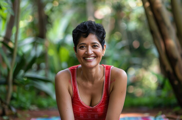 Wall Mural - a happy Indian woman in her late thirties with short dark hair wearing yoga , standing outside at an outdoor gym surrounded by green trees smiling for the camera