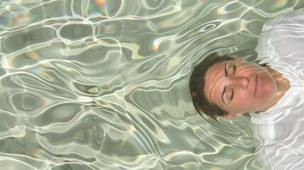 Woman Floating Serenity Under Water With Soft Waves Reflecting Light