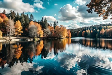 Poster - autumn landscape with lake and trees