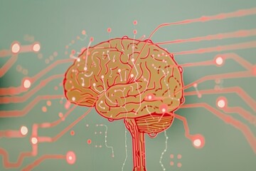 Canvas Print - 3D rendered pink brain on a neon circuit board, exploring the fusion of human intelligence with technology.