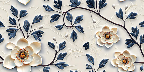 seamless 3d white, yellow spring cherry blossom autumn blue leaves and flowers with branches on a li