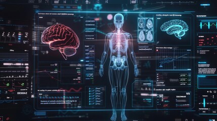 Wall Mural - An AI diagnostic interface with 3D models and interactive data, providing detailed insights and medical interpretations.