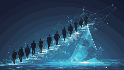 Wall Mural - Conceptual 3D business people climbing stairs over blue background.