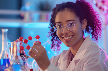 Poster - A smiling young female scientist is holding and looking at a model of a molecule with red balls on one end, blue liquid in beakers behind her and test tubes around it. 