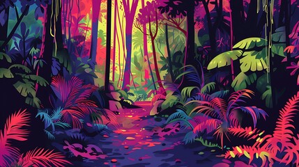 Wall Mural - Neon Jungle: A Vibrant Path Through Lush Foliage