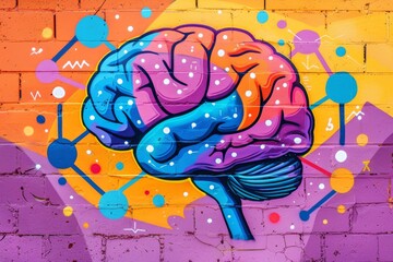 Wall Mural - Colorful and creative brain painting on urban brick wall, merging art with psychology in a vibrant public display.