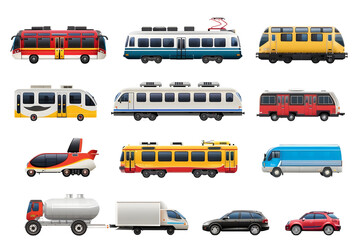 Wall Mural - A collection of different types of vehicles including buses, trains, trucks, and cars.