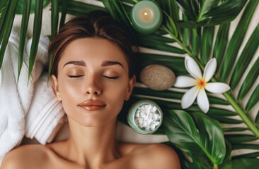 Wall Mural - A woman is lying down with her eyes closed, enjoying the relaxing atmosphere of a spa salon surrounded by palm leaves and tropical flowers.