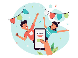 Online Platform sign up and registers activity. welcome to application concept illustration.