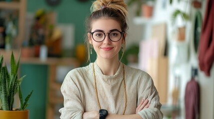 A woman with glasses and a white sweater is smiling and posing for a picture