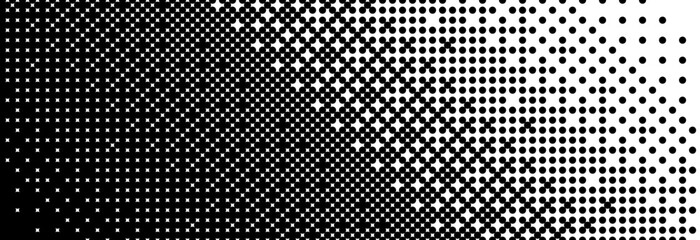 Wall Mural - Diagonal bitmap gradient texture. Black and white dither pattern background. Abstract pixelated glitchy corner pattern. 8 bit video game screen wallpaper. Fading pixel backdrop. Vector retro halftone