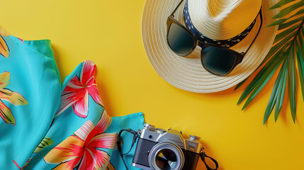 Flat lay photography, blue Hawaiian shirt with sun hat and sunglasses on yellow background