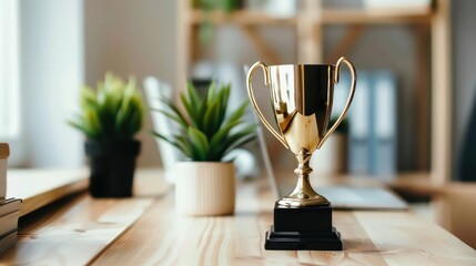 trophy on a desk, symbolizing a recent achievement award
