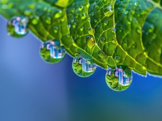 Wall Mural - Dewdrop Reflections on a Green Leaf