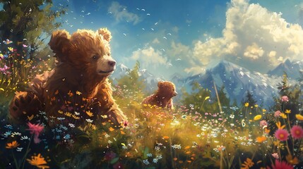 Two Brown Bears in a Meadow with Mountains in the Background