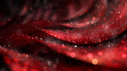 Close-up view of red silk fabric with water droplets glistening, creating a luxurious and elegant texture, enhanced by soft lighting and a bokeh effect.