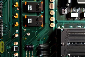 Wall Mural - Computer motherboard background with circuit board electronic elements. Electronic texture for computer technology, engineering concept. Motherboard integrated computing illustration. Generative AI