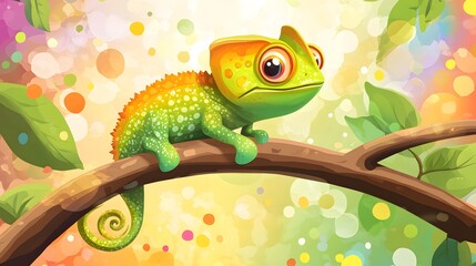 Wall Mural - Cute Cartoon Chameleon on Branch.