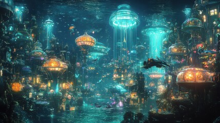 A futuristic underwater city with towering glass domes, bioluminescent plants, and diverse sea creatures interacting with human-like robots, in a vibrant sci-fi cartoon style, on a black background 