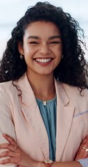 Poster - Happy, face and business woman with arms crossed in office confident, proud and excited. Smile, face and portrait of female entrepreneur with career pride, positive mindset and power pose at startup