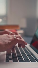 Close up of person hands typing on laptop keyboard text for email message or business letter for partner with information about opportunities for mutually beneficial cooperation located at office desk
