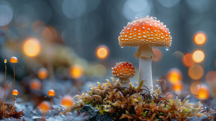 Wall Mural - Close-up of vibrant red mushrooms with white spots covered in dewdrops, set against a dreamy, blurred background of glowing orbs creating a magical forest ambiance.