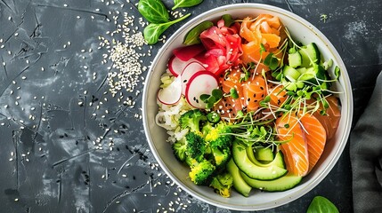 Wall Mural - Large Bowl of Food with Fish and Vegetables: A Nutritious and Flavorful Meal Combining Fresh Seafood and Garden Vegetables in a Generous Serving.