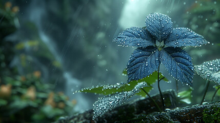 Wall Mural - Close-up of a vibrant green plant with raindrops, set against a serene rainforest backdrop with soft natural light and mist.