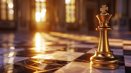 Wall Mural - Golden king chess piece in the foreground, with a chessboard and strategic setup in the background, capturing the game's intensity