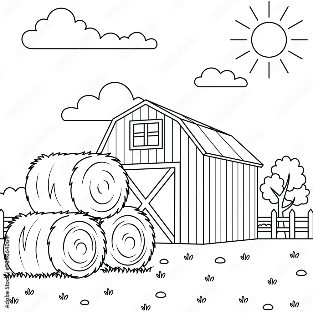 Stack of hay bales in front of a barn outline coloring page ...