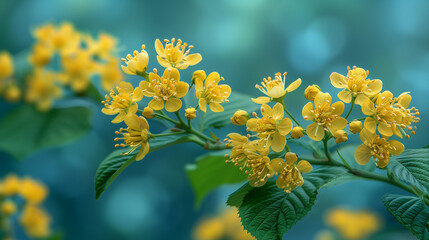 Wall Mural - Close-up of vibrant yellow flowers with green leaves against a soft, blurred blue and green background, capturing the beauty of nature in full bloom.