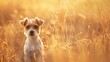 © BOONJUNG - A small dog standing in a field of tall grass surrounded by an abstract background of golden hues and soft light, Serene autumn vibes