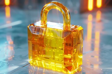 Wall Mural - neon orange transparent padlock on reflective surface, symbolizing vibrant security measures