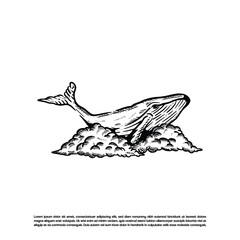 Vintage retro flying and swimming whale in the sky vector illustration