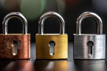 Poster - Array of traditional metal padlocks on a reflective surface, highlighting security diversity