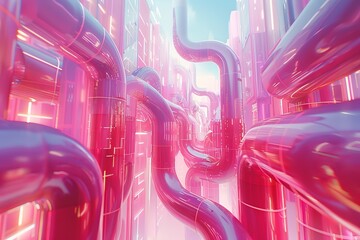 Wall Mural - surreal pink neon tunnel highlighting futuristic design, digital innovation, and immersive tech