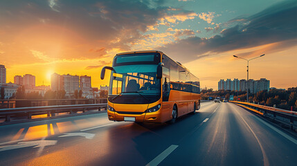 Yellow Tour bus driving on highway road in city at sunset