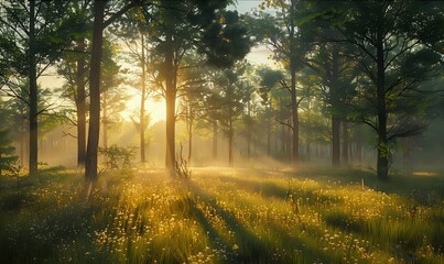 Wall Mural - Golden Hour in the Forest: Sunbeams, Trees, and Wildflowers