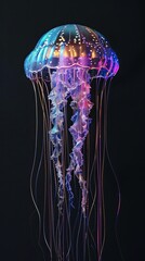 Canvas Print - A Vibrant, Multi-Colored Jellyfish with Long, Flowing Tentacles Against a Black Background