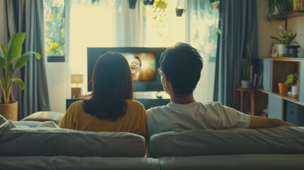 Relaxed Asian couple enjoying their leisure time with a TV show at home