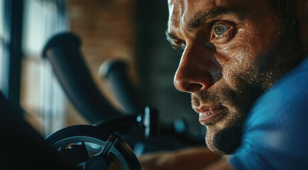 Wall Mural - Close-up of the handsome man's face as he exercises on an exercise bike in his home gym