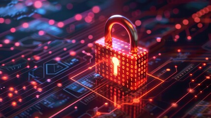 Digital padlock with glowing binary code securing access to confidential data files.