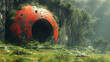 © Steven - A dilapidated red sphere structure overgrown with vegetation in a lush, green forest setting with beams of sunlight filtering through the trees.