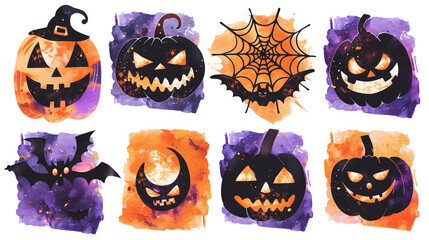 Wall Mural - Set of isolated Halloween badge decoration elements in cute doodle hand-drawn watercolor illustration style on transparent background, Volume 5: Black, purple and orange color tone.