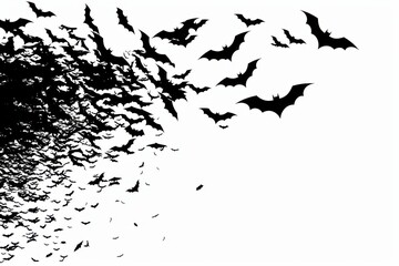 A black and white image of a large flock of bats flying in the sky. Concept of darkness and mystery, as the bats are silhouetted against the white background