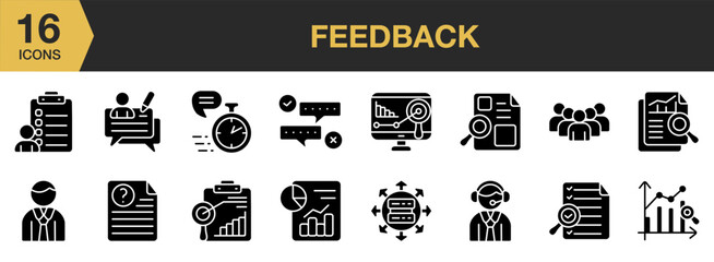 Feedback Glyph icon set. Includes decision making, data collection, service, participant, statistics, and More. Solid icons vector collection.