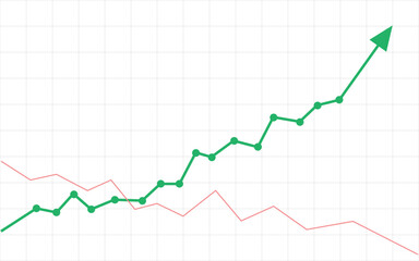 green business arrow rising up with dots followed by line graph going down, trading profit, economic boom, business growth