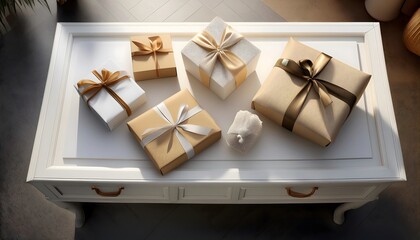 Presents and wrapping paper on white vanity with copy space; holiday season.