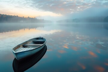 Wall Mural - Generative AI Image of Boat Floating at Quiet Lake with Fog and Bright Sky Wallpaper